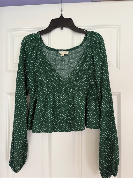 La Hearts Tops - La Hearts Forest Green Smocked V-Neck Peasant Blouse